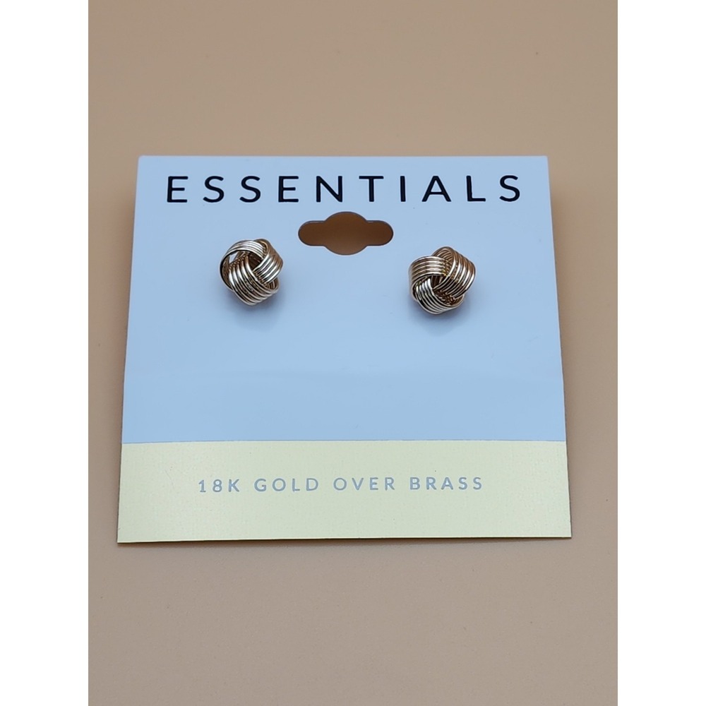 New ESSENTIALS Signed 18k Yellow Gold Over Brass Love Knot Stud‎ Earrings